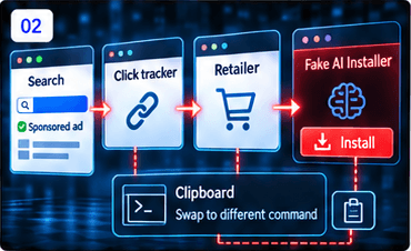 Search ad redirecting through click tracking and a retailer to a fake AI installer with clipboard swapping.