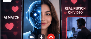 AI dating bot blended with a human face and a real person on video.