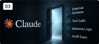 Claude logo beside an open door into external systems, tool calls, logs, and audit gaps.