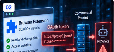 Browser extension sending OAuth tokens through commercial proxies to a bot service.
