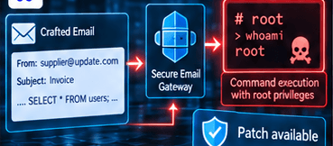 Crafted email compromising a secure email gateway with root command execution.