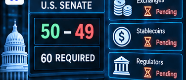 U.S. Senate vote board showing a crypto market-structure bill failing a 60-vote threshold.