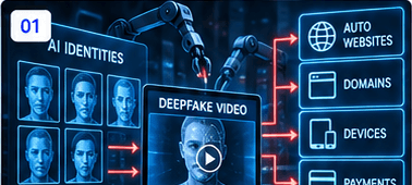 AI identity factory feeding deepfake video, domains, devices, and payment routes.