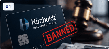 Humboldt merchant services card with a banned stamp near a court gavel.