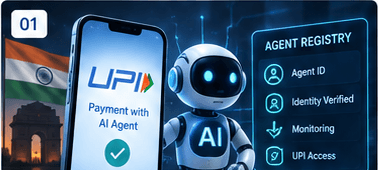 UPI payment with an AI agent beside an agent registry panel.