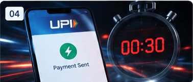 UPI payment sent screen next to a thirty-second timer.