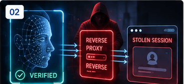 Verified identity flow passing through a reverse proxy into a stolen session.