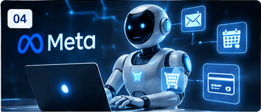 Meta-branded AI assistant at a laptop with email, shopping, and payment icons.
