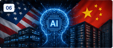 AI chip between U.S. and Chinese flags over a data center.