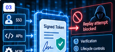 Signed token flow protected against replay attempts with lifecycle controls.