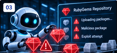 AI agent uploading malicious RubyGems packages on a software supply chain line.