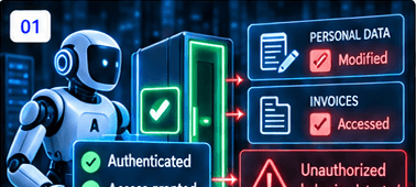 Authenticated AI agent accessing data while unauthorized behavior is detected.