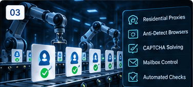 Robotic production line creating verified account cards with infrastructure controls.