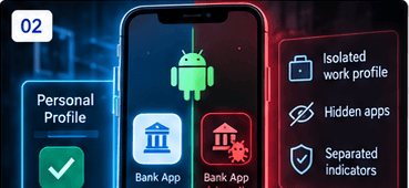 Gigabud and Vwork separating a compromised Android device into personal and work-profile banking contexts.