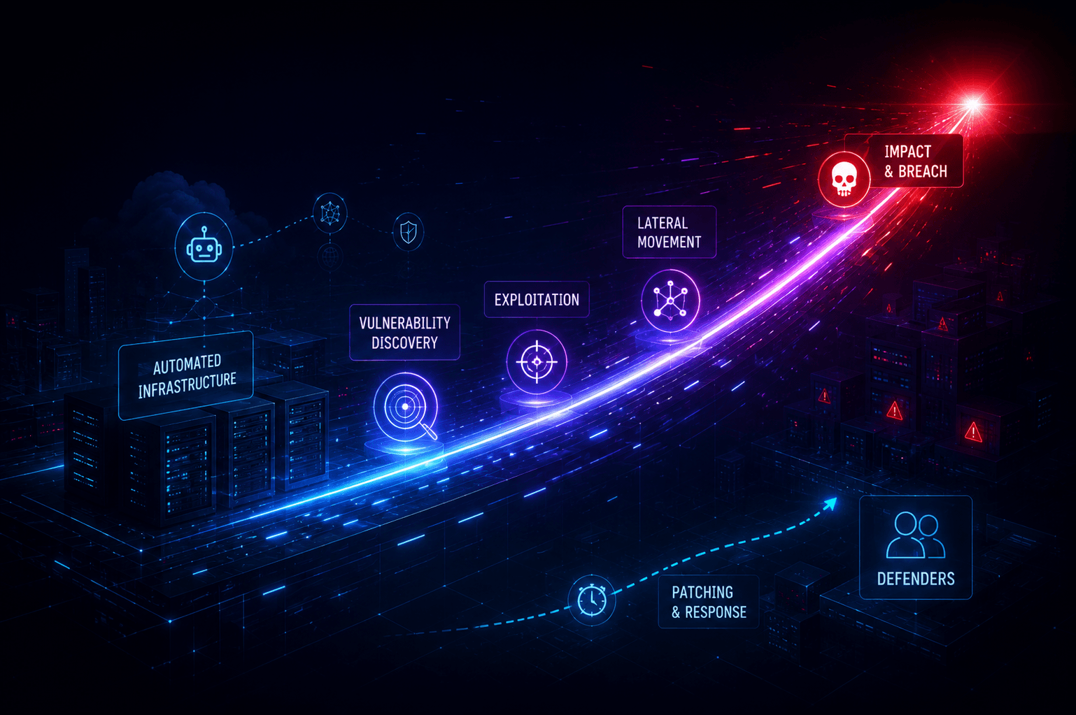 Main visual illustrating large-scale, infrastructure-driven cyber threat escalation.